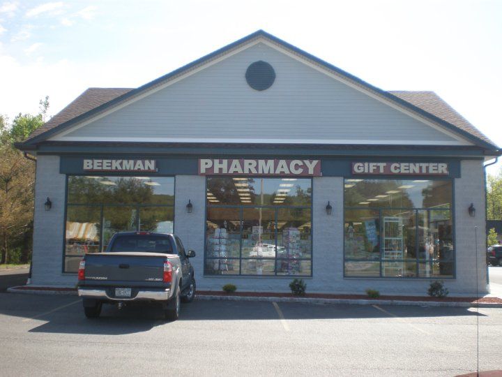 The Beekman Pharmacy storefront on Route 55 in Poughquag, with its Beekman Pharmacy and Gift Center signs